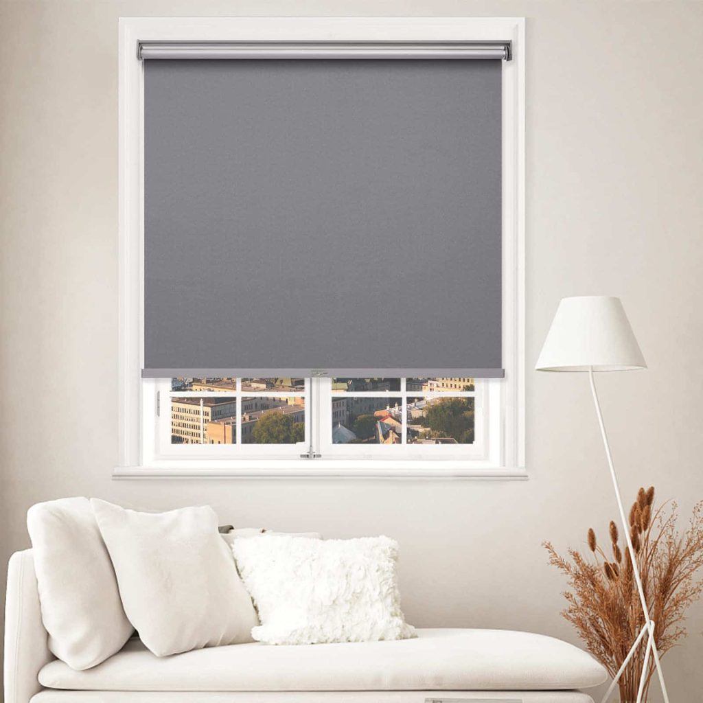 Roller blinds installed in a living room