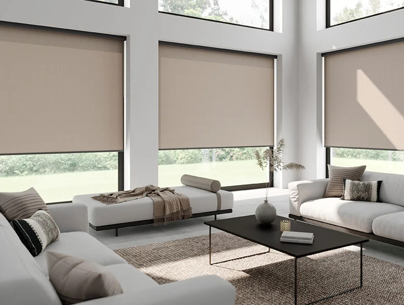 Roller blinds next to a glass door