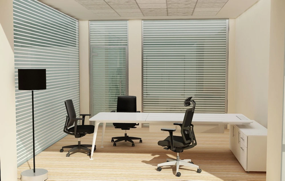 Vertical blinds covering office windows